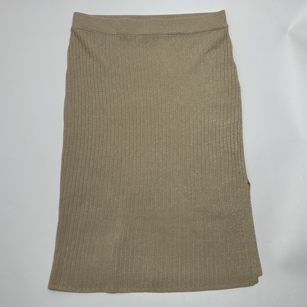 Nanette Lepore Womens L Pencil‎ Skirt Gold Lurex Stretchy Pull On Slit Metallic